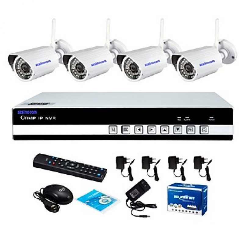 4CH Wifi H.264 NVR Kit(4pcs Wireless 1.0MP 3.6mm Day Night Vision Weatherproof IP Camera),P2P  