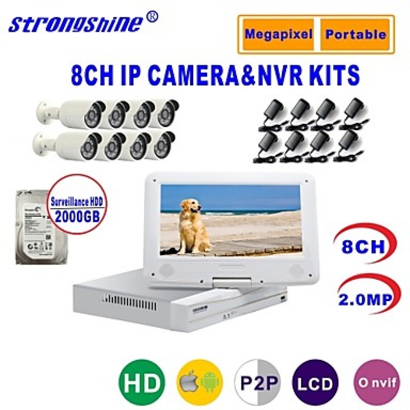 Camera with 1080P/Infrared/Waterproof and 8CH NVR with 10.1Inch LCD/2TB Surveillance HDD Combo Kits  