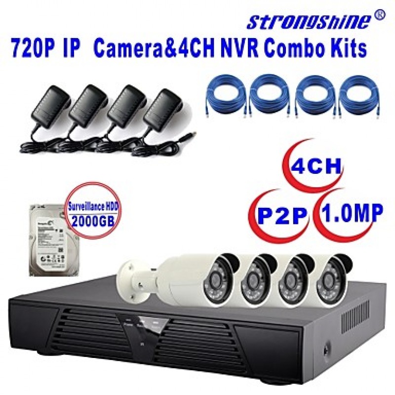 IP Camera with 720P/Infrared/Waterproof and 4CH  H.264 NVR/2TB Surveillance HDD Combo Kits  