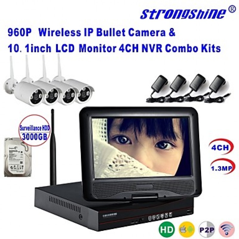 Wireless IP Camera with 960P/Infrared/Waterproof and NVR with 10.1Inch LCD /3TB Surveillance HDD Kits  