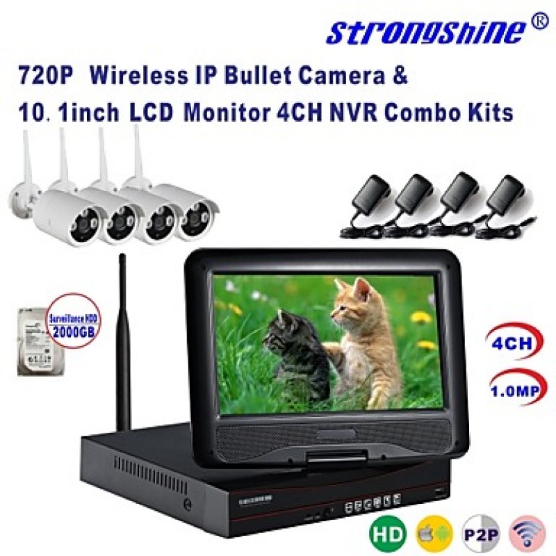 Wireless IP Camera with 720P/Infrared/Waterproof and NVR with 10.1Inch LCD /2TB Surveillance HDD Kits  