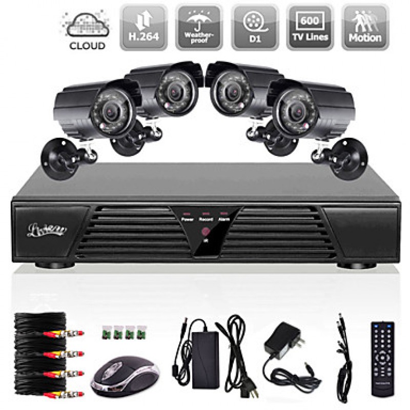 4CH CCTV H.264 DVR Motion Detection Security System 800TVL Waterproof Night Vision Cameras  