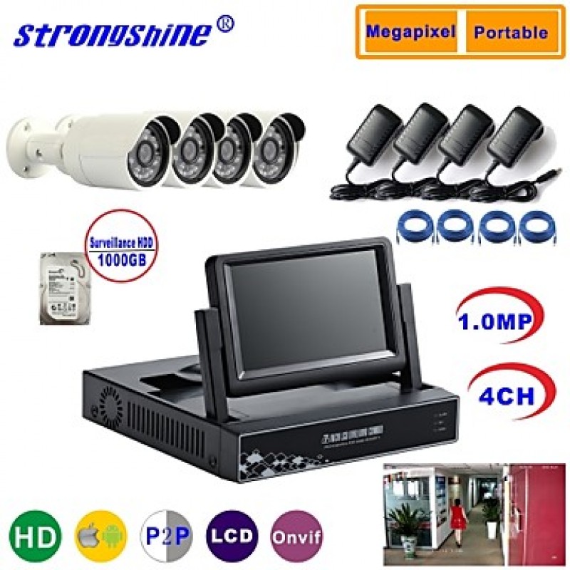 IP Camera with 720P/Infrared/Water-proof And 4CH NVR with 7Inch LCD/1TB Surveillance HDD Combo Kits  