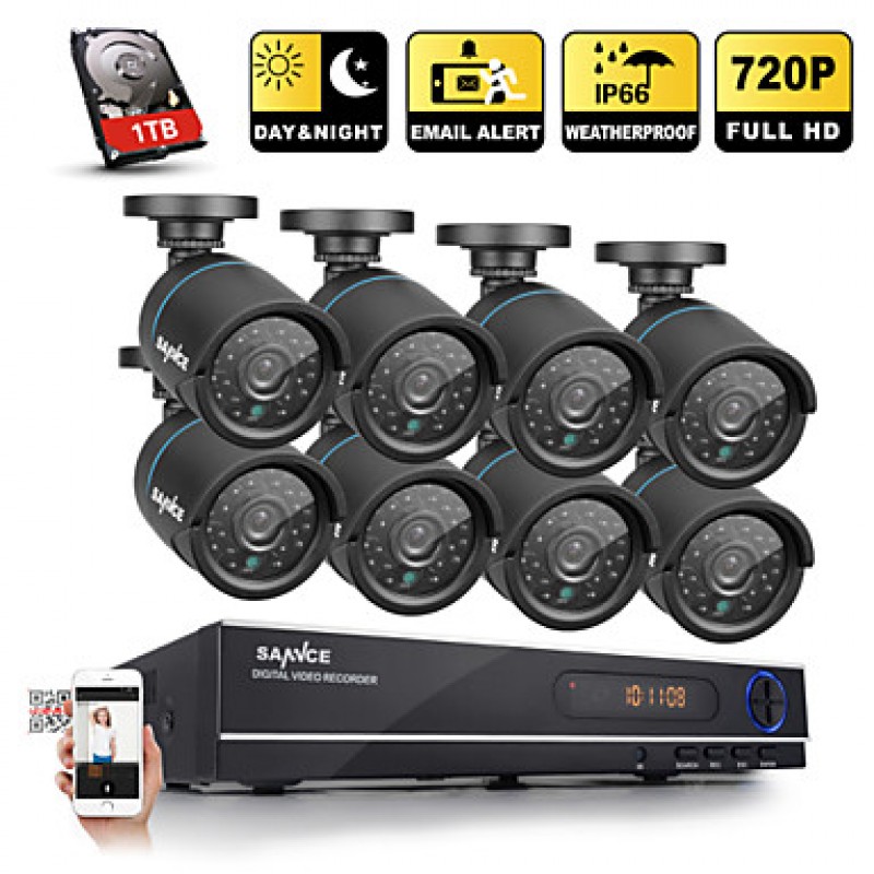 720P AHD 8CH   CCTV Recording DVR Black Bullet Camera Home Surveillance Security Camera System 1TB HDD  